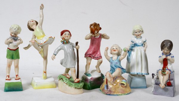 ROYAL WORCESTER DAYS OF WEEK PORCELAIN FIGURES: ROYAL WORCESTER 'DAYS OF THE WEEK' PORCELAIN FIGURES, SET OF SEVEN, H 4 1/2"-8 1/2":A child representing each day of the week, each is stamped in black with the Royal Worcester mark, English Registry 