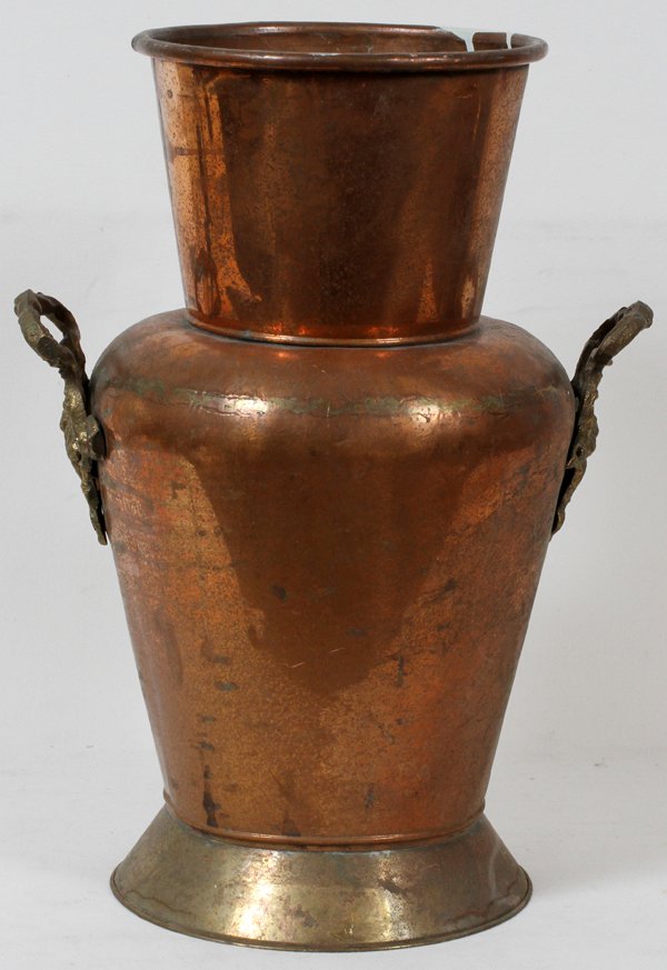 COPPER VASE 1, H 18 1/2": COPPER VASE 1, H 18 1/2", W 14" HANDLE TO HANDLE:Some dents, or Ship's Water Jug. With Double Brass Handles.