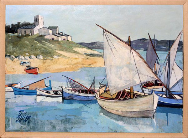 CHARLES LEVIER OIL/CANVAS BARQUES AU PROVENCE: CHARLES LEVIER, OIL ON CANVAS, 30" X 40", BARQUES AU PROVENCE:Signed Levier. Size is canvas only. Charles Levier French 1920 - 2003.