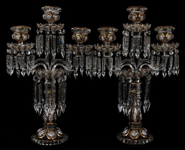 BACCARAT CRYSTAL AND ENAMEL 3-LIGHT CANDELABRA: BACCARAT CRYSTAL AND ENAMEL THREE-LIGHT CANDELABRA, PAIR, H 20 1/2", L 13":Featuring floral designs in enamel with crystal drops.