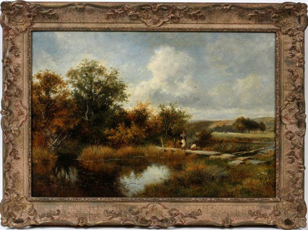 DAVID BATES OIL ON CANVAS, 1879, LANDSCAPE: DAVID BATES [BRITISH 1840-1921] OIL ON CANVAS, 1879, 22" X 32", SUMMER LANDSCAPE:Depicting an early fall landscape with two children, one sitting on a wood bridge fishing, with cows in the background