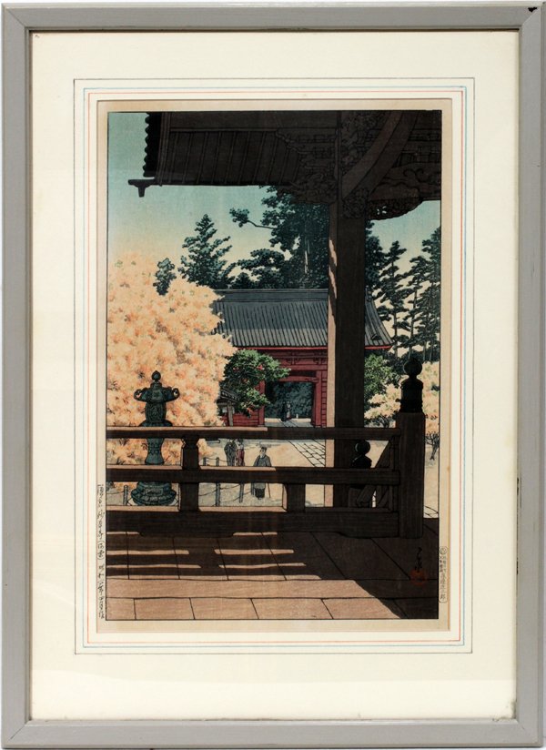 KAWASE HASUI, WOODBLOCK PRINT VERANDA OF TEMPLE: KAWASE HASUI, WOODBLOCK PRINT, VERANDA OF TEMPLE, 14" X 9":depicting a pagoda exterior scene, signed and date stamped on right and left side lower margins; framed and matted under glass.