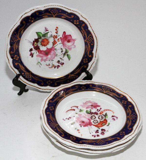 SPODE HAND-PAINTED PORCELAIN PLATES EARLY 19TH: SPODE HAND-PAINTED PORCELAIN PLATES, EARLY 19TH C., SET OF FOUR, DIA 9 1/4":Each plate having a hand-painted floral spray at the well, cobalt blue border with fired gold motifs, gently scalloped borde
