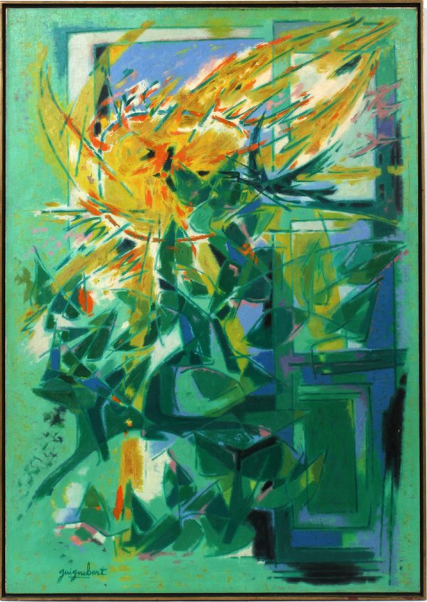 JEAN-CLAUDE GUIGNEBERT OIL ON CANVAS, UNTITLED: JEAN-CLAUDE GUIGNEBERT (FRENCH B. 1921), OIL ON CANVAS, 45" X 32", UNTITLED GREEN COMPOSITION:Signed lower left; original floated frame.