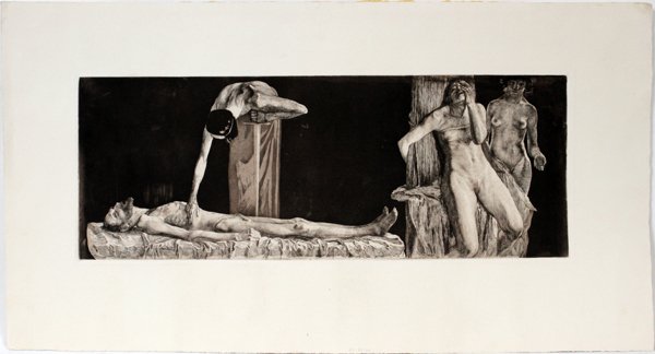 KATHE KOLLWITZ, ETCHING 9" X 24" ZERTRETENE: KATHE KOLLWITZ, ETCHING 9" X 24" ZERTRETENE:Posthumous. Not signed. Zertretene ( Leichnam und Frauenakt am Pfahl). 9.4" x 24.9" image size. Not framed.