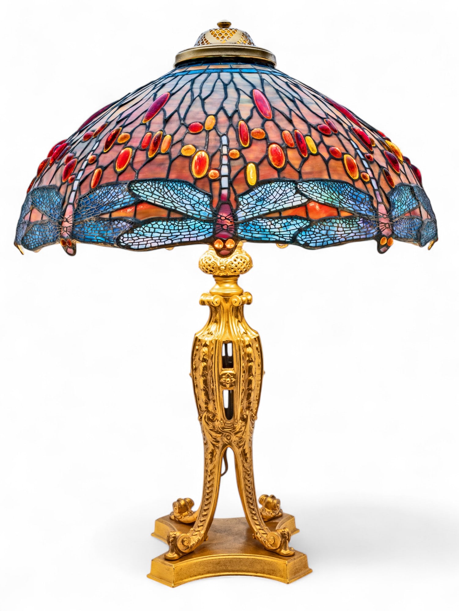 Tiffany Style Bronze And Art Glass Dragonfly Lamp Late 20th C., H 30" Dia. 23" (1 of 16)