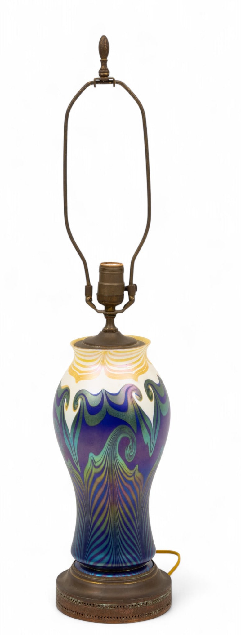 Durand Quality (American) Iridescent Art Glass Lamp 20th Cen., H 30" Dia. 6": Durand Quality (American) Iridescent Art Glass Lamp 20th Cen., H 30" Dia. 6" Scrolled pulled feather pattern in blue - green. No markings found, mounted as lamp. Overall H. 29.75" Dia. 6.5" Glas