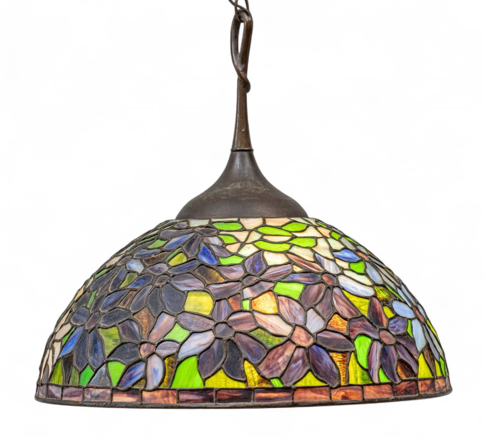 American Art Glass Hanging Shade 20th C., 'Clematis', H 9.5" Dia. 22": American Art Glass Hanging Shade 20th C., 'Clematis', H 9.5" Dia. 22" Blue and white petals amongst a sea of green leaves. Suspended from an early 20th c. "pigtail" style cap suspended from chain. Sha