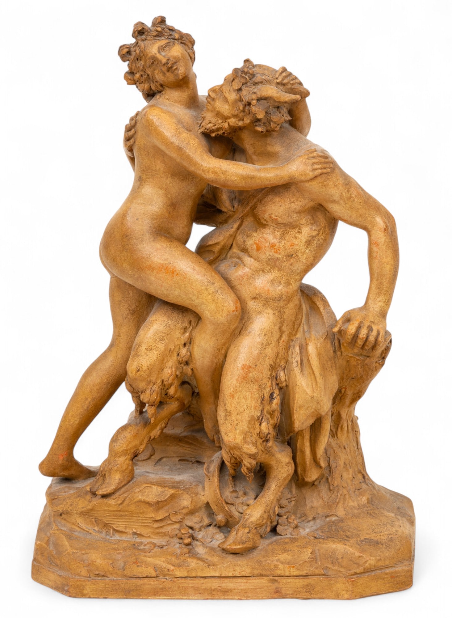 After Claude Michel Clodion (French, 1738-1814) Terra Cotta Figural Group, Pan And Venus H 13" W: After Claude Michel Clodion (French, 1738-1814) Terra Cotta Figural Group, Pan And Venus H 13" W 8.75" Signed. Pan is a satyr- like figure. Provenance: Property from the Estate of a Promi