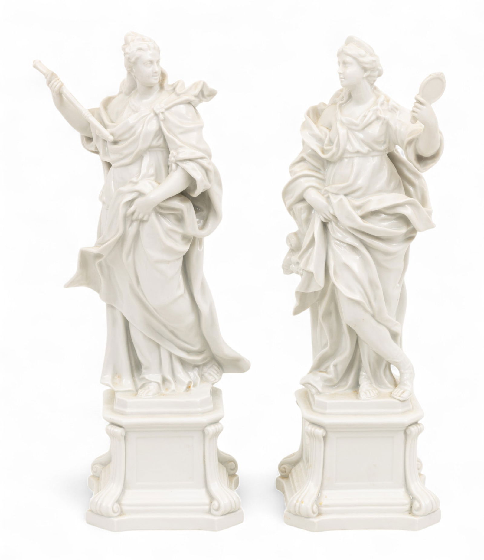 After Richard Ginori (Italian) Capodimonte White Porcelain Statuettes 19th C., 'Monarchy And: After Richard Ginori (Italian) Capodimonte White Porcelain Statuettes 19th C., 'Monarchy And Prudence', H 16" W 5" Depth 5" Classical women, one holding a scepter and one holding a mirror, symbolizing