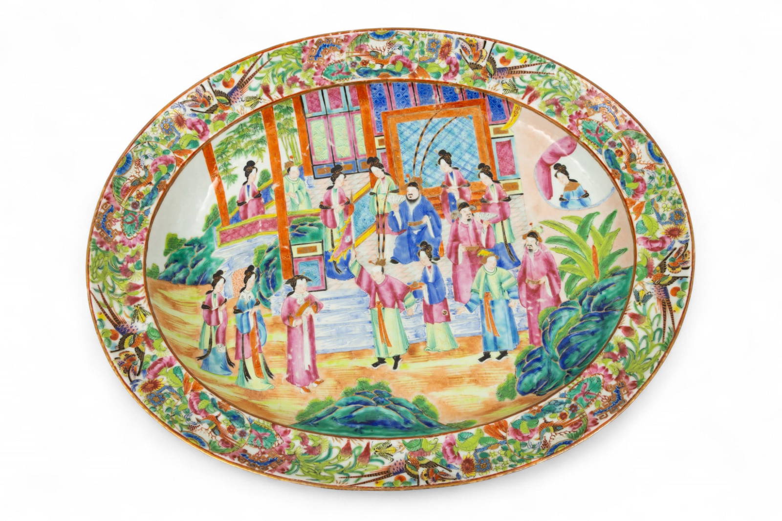 Cantonese Famille Rose Mandarin Porcelain Deep Well And Tree Platter 19th C., H 2.25\" W 13.5\" L