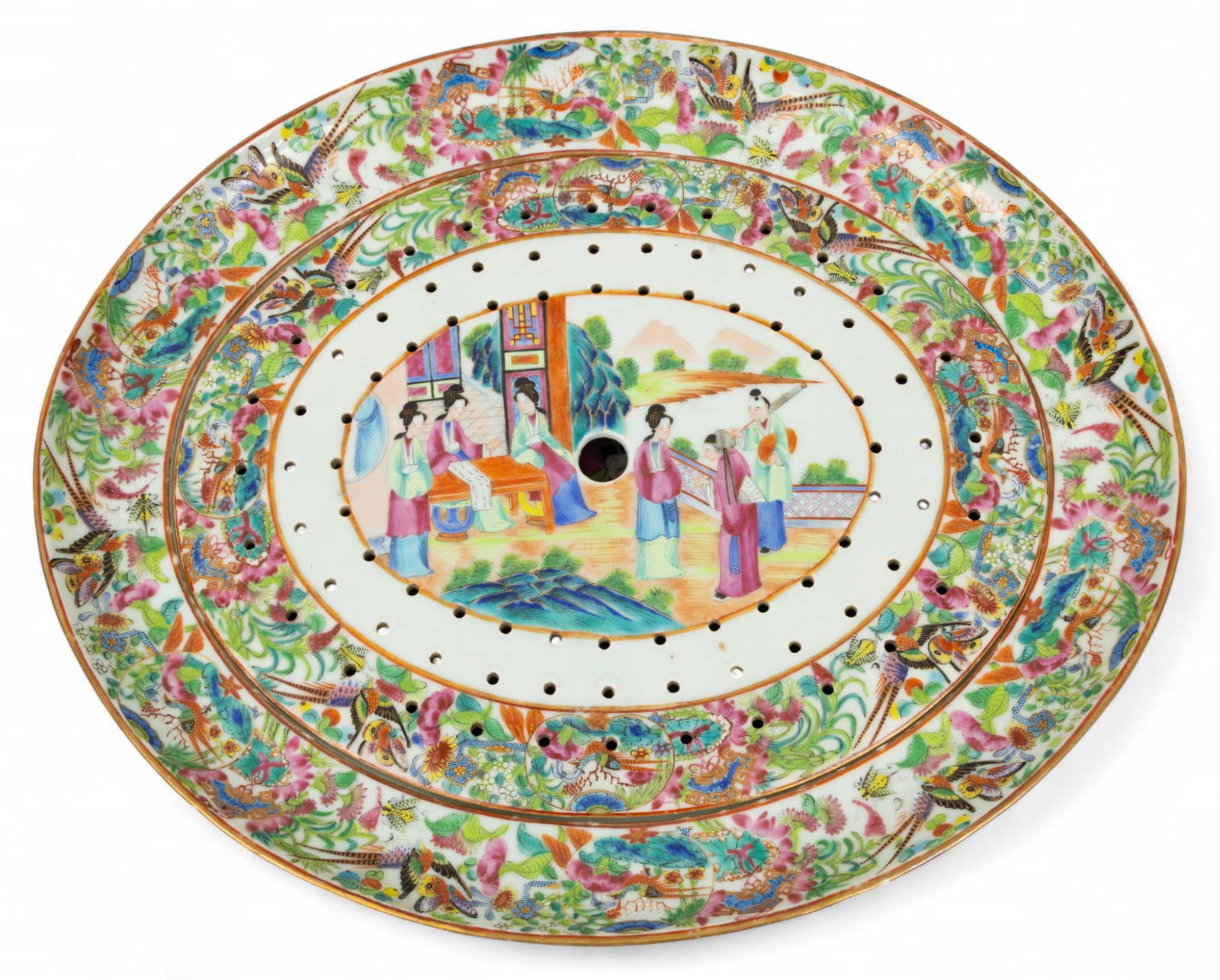 Cantonese Famille Rose Mandarin Porcelain Large Deep Well Platter with Inset Pierced Drainer 19th