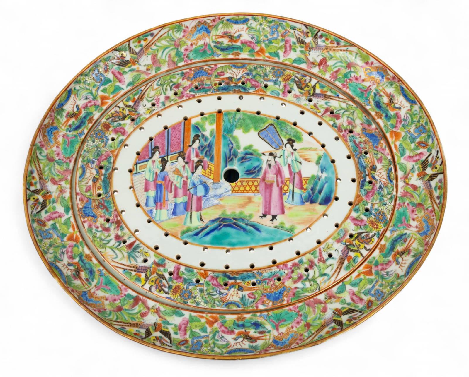 Cantonese Famille Rose Mandarin Porcelain Large Deep Well Platter with Inset Pierced Drain Early