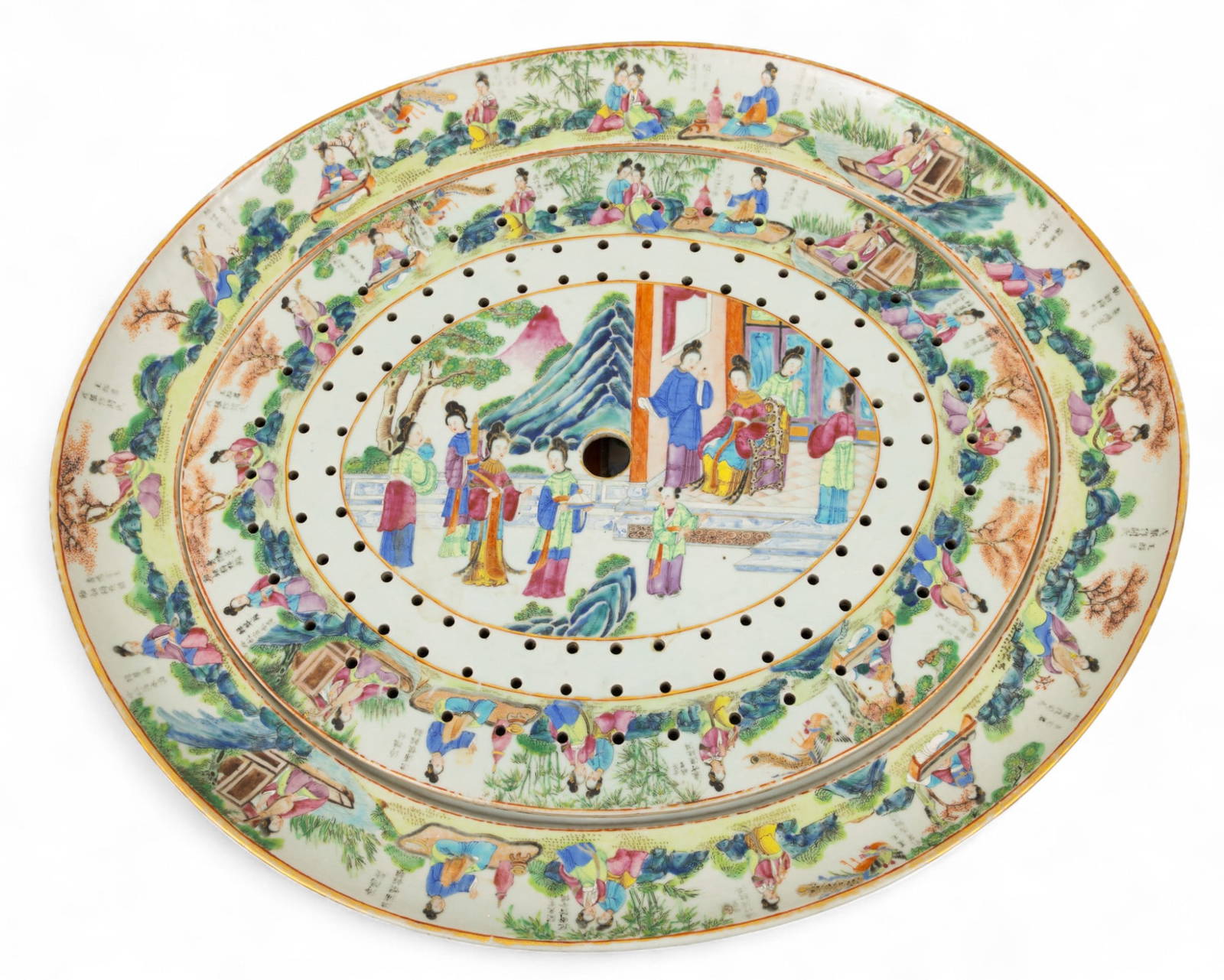 Cantonese Famille Rose Mandarin Porcelain Large Deep Well Platter with Inset Pierced Drainer Early