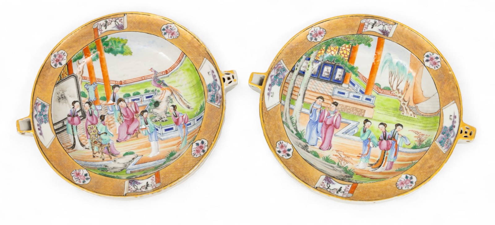 Chinese Export Famille Rose Mandarin 'Palaceware' Porcelain Hot Water Warming Plates, Ca. Late 18th