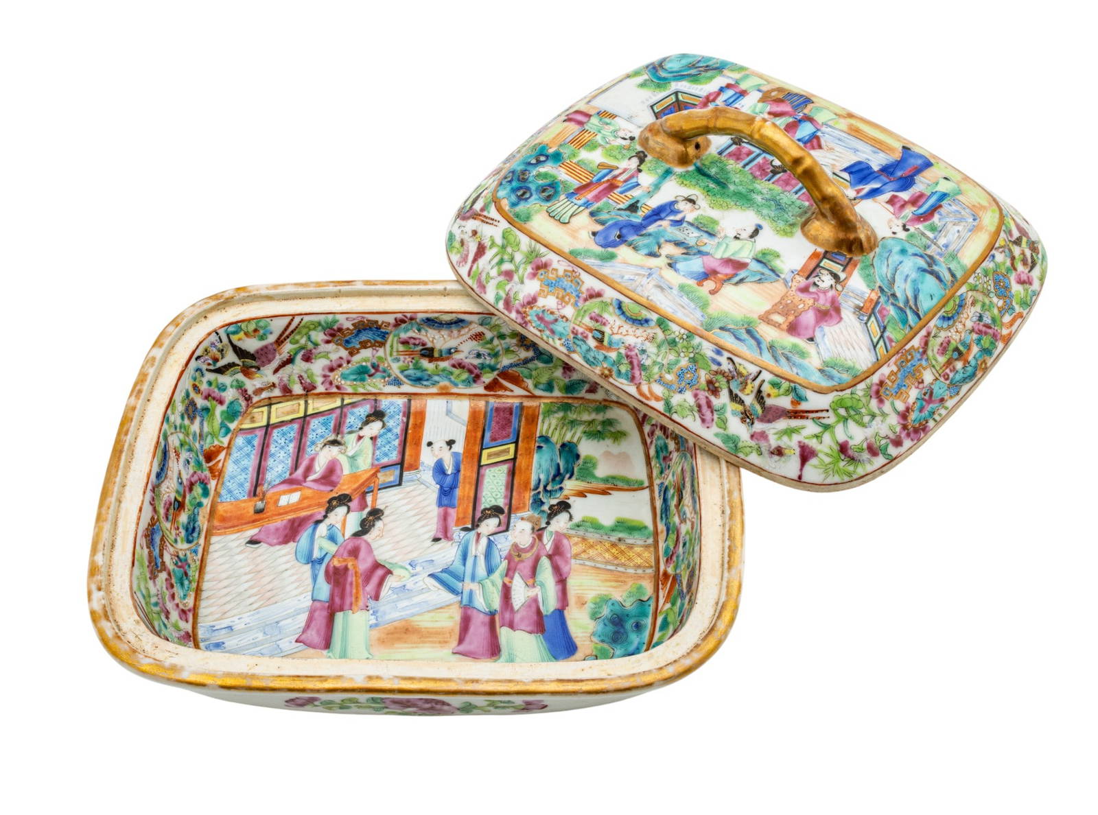 Cantonese Famille Rose Mandarin Porcelain Serving Dish with Cover 19th C., H 4.5\" W 7.75\" L 9.5\" 2