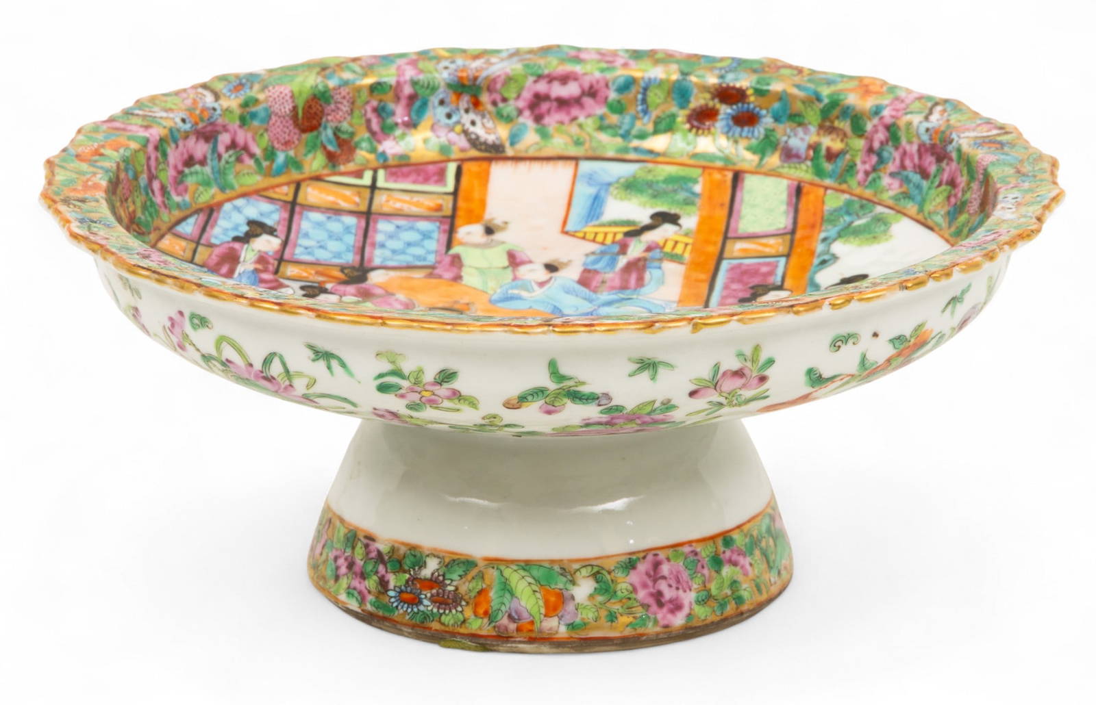 Cantonese Famille Rose Mandarin Porcelain Deep Well Serving Bowl on Footed Plinth 19th C., H 4.5\"