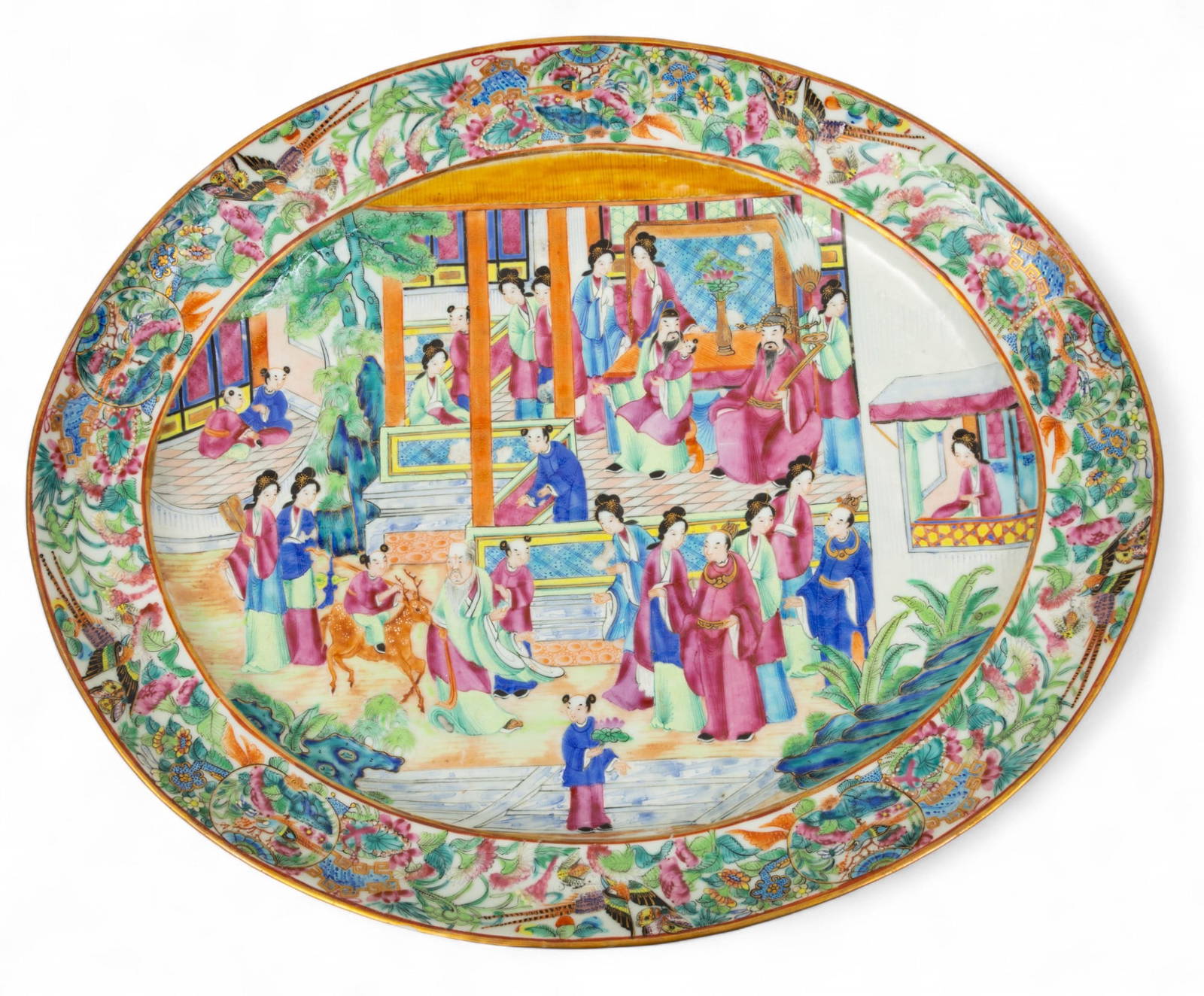 Cantonese Famille Rose Mandarin Porcelain Deep Well Platter 19th C., H 2\" W 14.25\" L 17.25\"