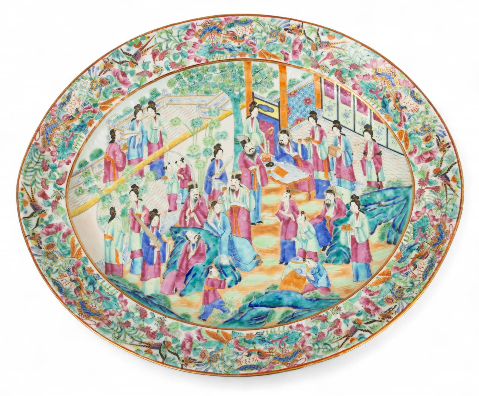 Cantonese Famille Rose Mandarin Porcelain Serving Platter, 19th C., H 2\" W 15.75\" L 18.75\"