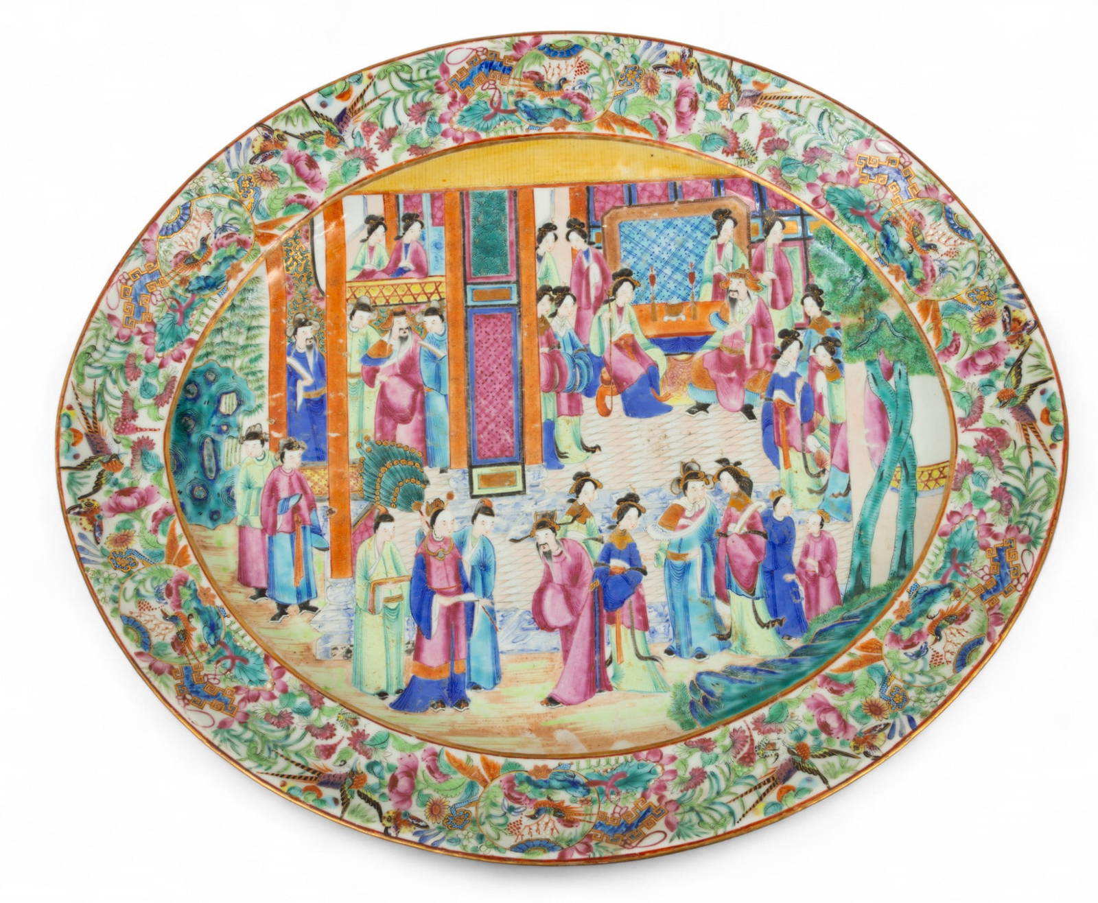 Cantonese Famille Rose Mandarin Porcelain Serving Platter, 19th C., H 1.75\" W 15.75\" L 19\"
