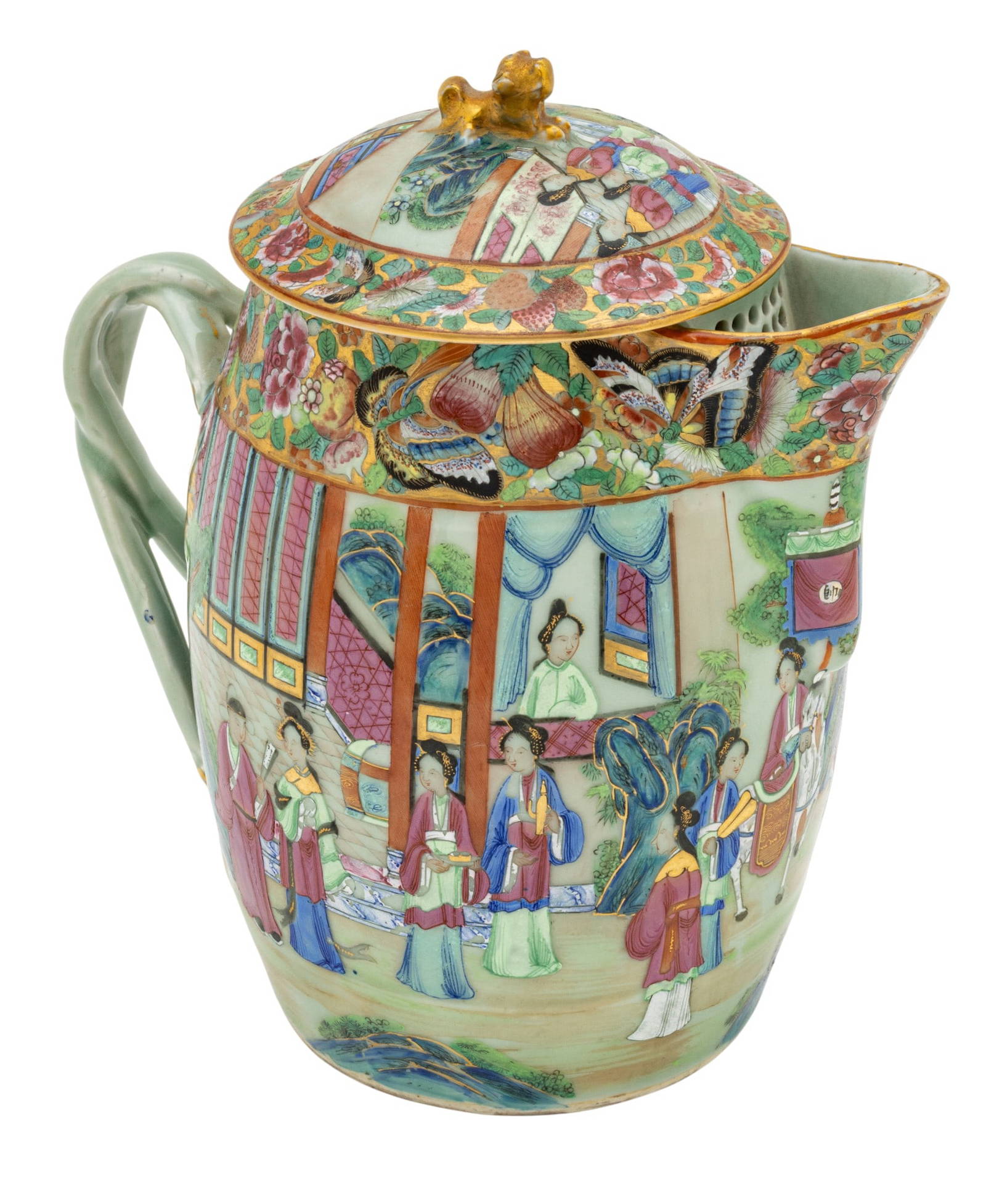 Cantonese Famille Rose Mandarin Porcelain Covered Cider Jug, 19th C., H 10.75\" W 6.5\" L 9.5\" 2 PCS
