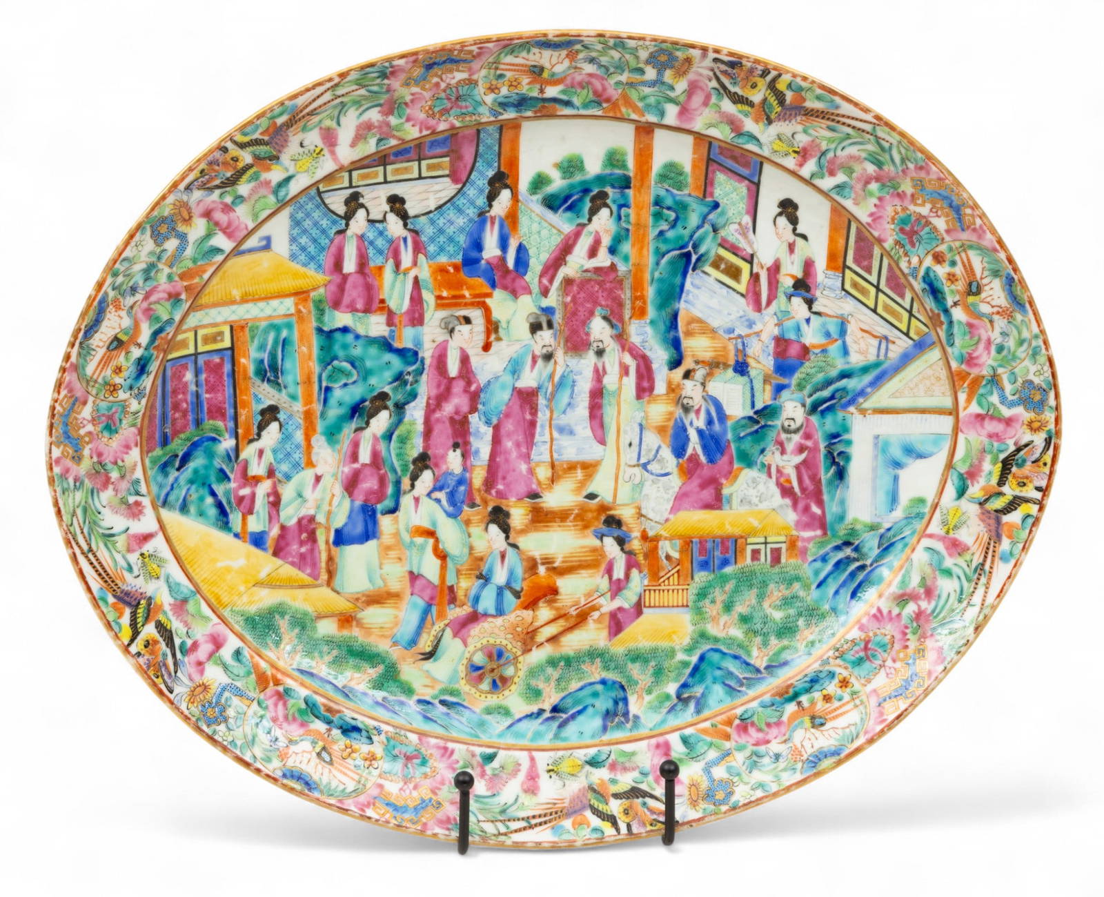 Cantonese Famille Rose Mandarin Porcelain Deep Well Oval Platter Early 19th C., H 1.75\" W 12.75\" L
