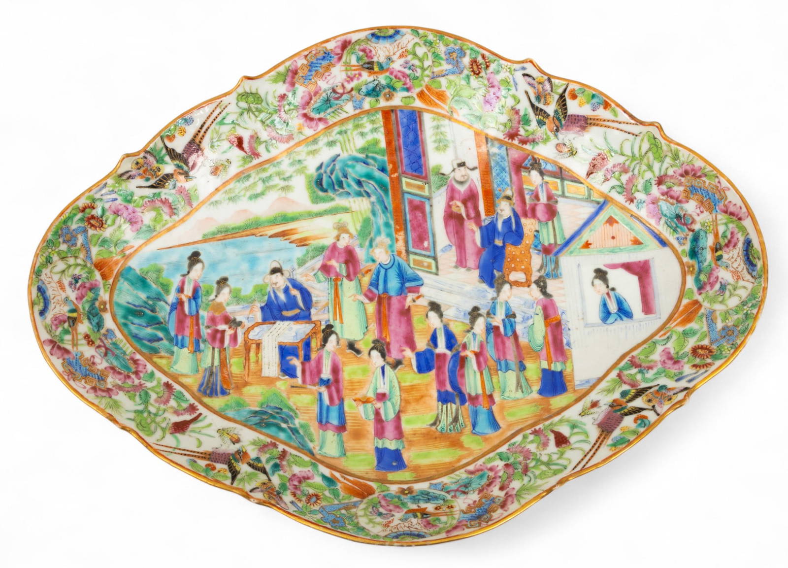 Cantonese Famille Rose Mandarin Porcelain Footed Serving Dish 19th C., H 3.5\" W 10.751\"