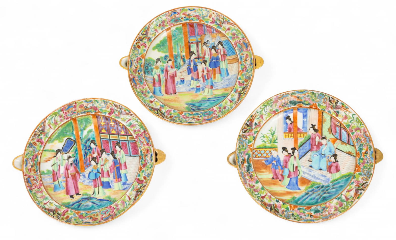 Cantonese Famille Rose Mandarin Porcelain Hot Water Warming Plates, Ca. Mid 19th C., H 2.5\" Dia.