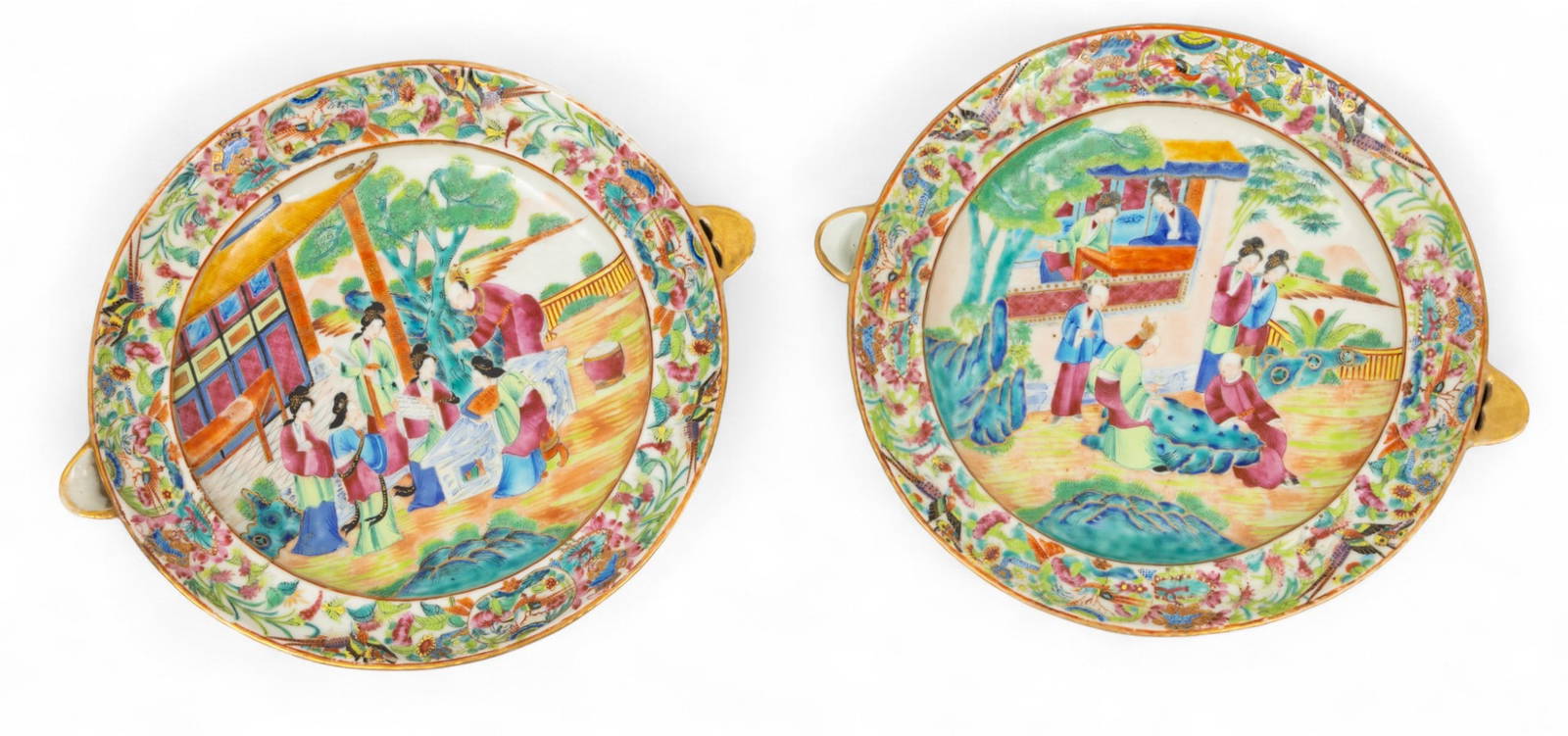 Cantonese Famille Rose Mandarin Porcelain Hot Water Warming Plates, Ca. Mid 19th C., H 2.5\" Dia.