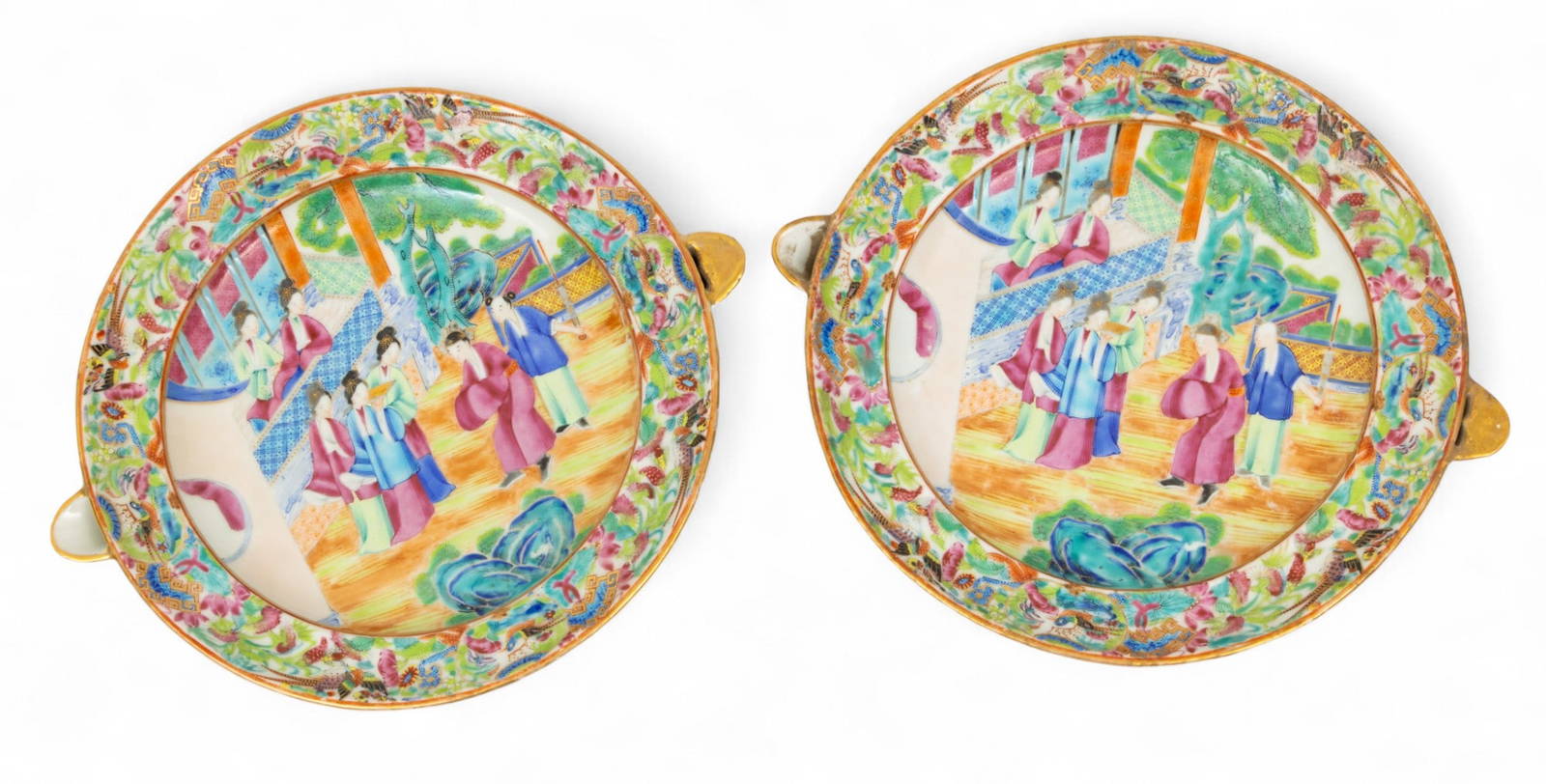 Pair of Cantonese Famille Rose Mandarin Porcelain Hot Water Warming Plates, Ca. Mid 19th C., H 2.5\"
