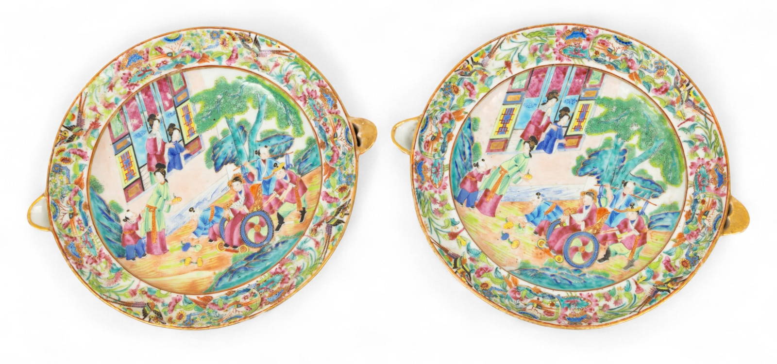 Pair of Cantonese Famille Rose Mandarin Porcelain Hot Water Warming Plates, Ca. Mid 19th C., H 2.5\"