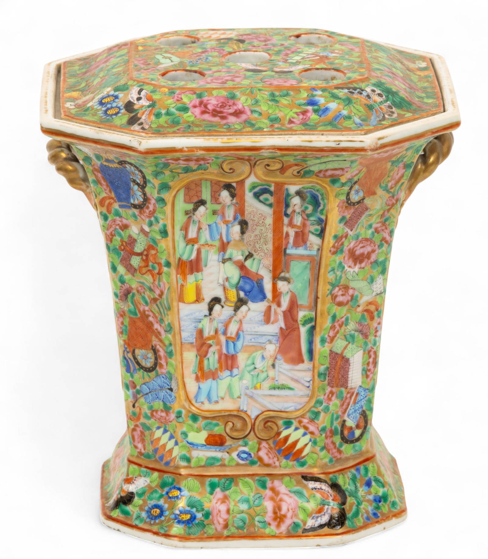 Cantonese Famille Rose Mandarin Porcelain Bough Pot And Cover, Ca. Mid 19th C., H 9\" W 8\" L 8\"