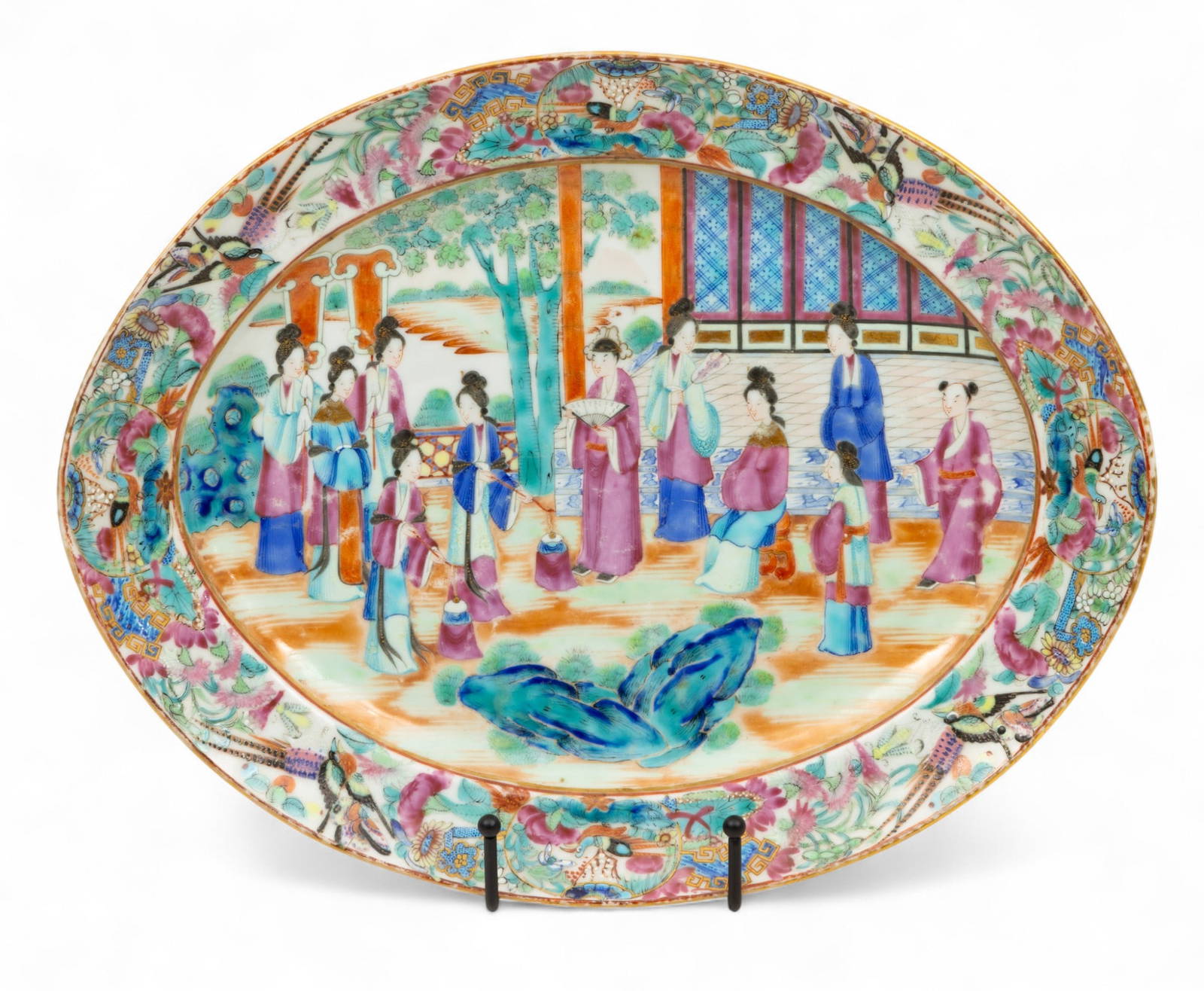 Cantonese Famille Rose Mandarin Porcelain Platter 19th C., H 1\" W 10.25\" L 13\"