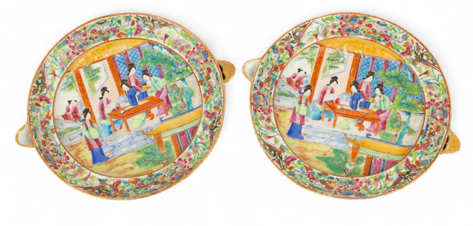Pair of Cantonese Famille Rose Mandarin Porcelain Hot Water Warming Plates, Ca. Mid 19th C., H 2.5" (1 of 5)
