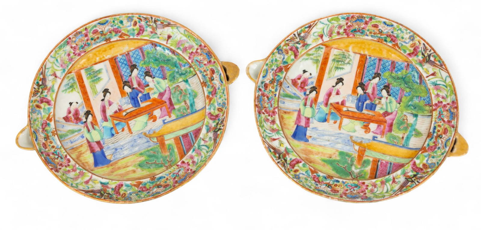 Pair of Cantonese Famille Rose Mandarin Porcelain Hot Water Warming Plates, Ca. Mid 19th C., H 2.5\"
