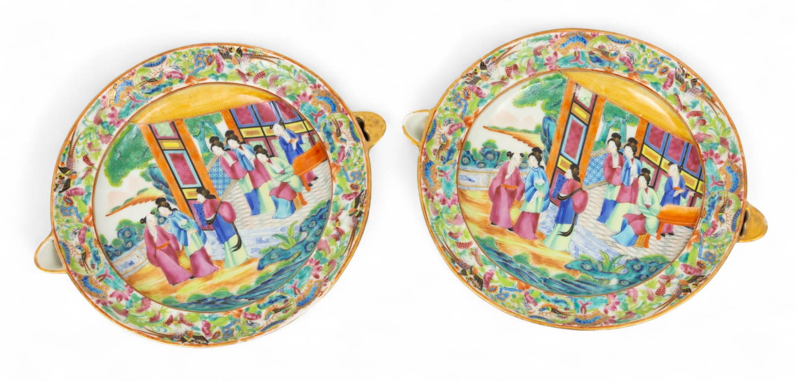 Pair of Cantonese Famille Rose Mandarin Porcelain Hot Water Warming Plates, Ca. Mid 19th C., H 2.5\"