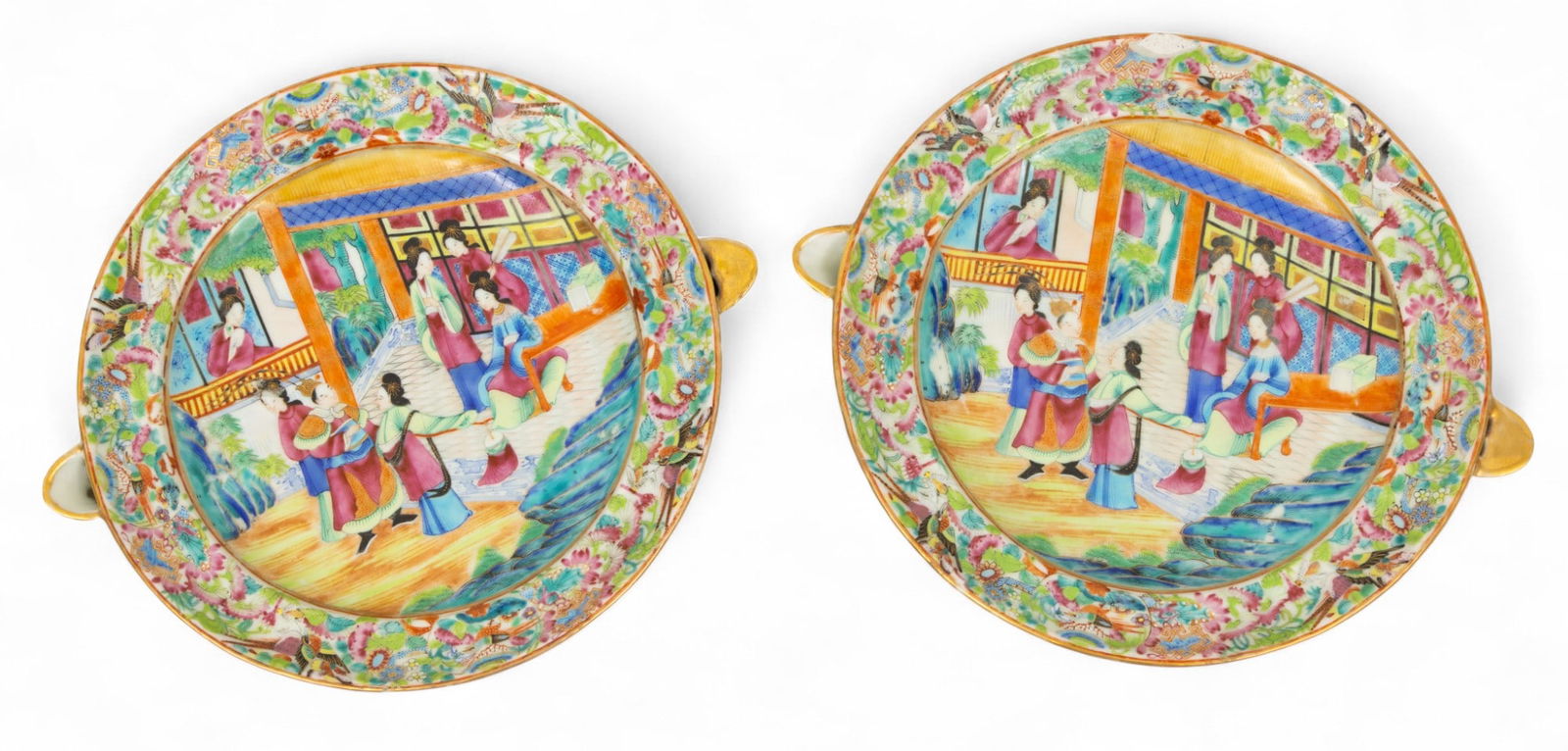 Pair of Cantonese Famille Rose Mandarin Porcelain Hot Water Warming Plates, Ca. Mid 19th C., H 2.5" (1 of 5)
