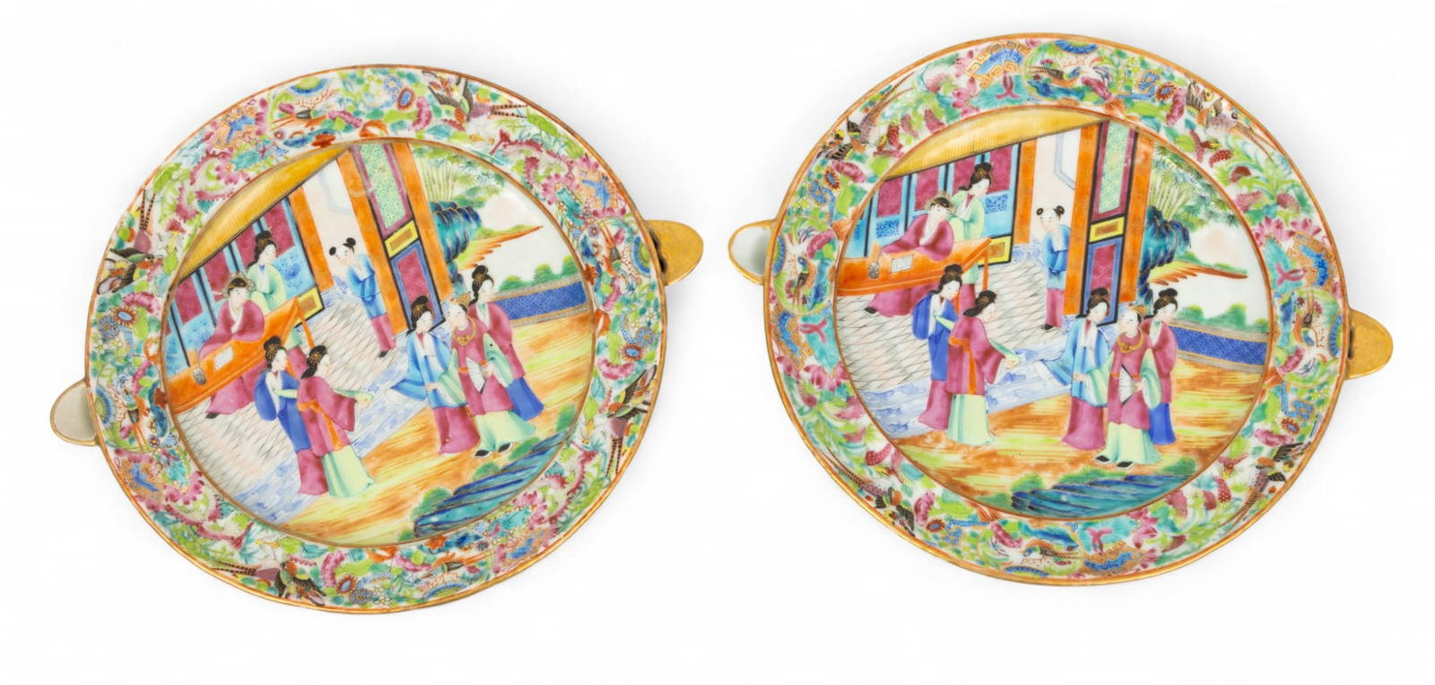 Pair of Cantonese Famille Rose Mandarin Porcelain Hot Water Warming Plates, Ca. Mid 19th C., H 2.5\"
