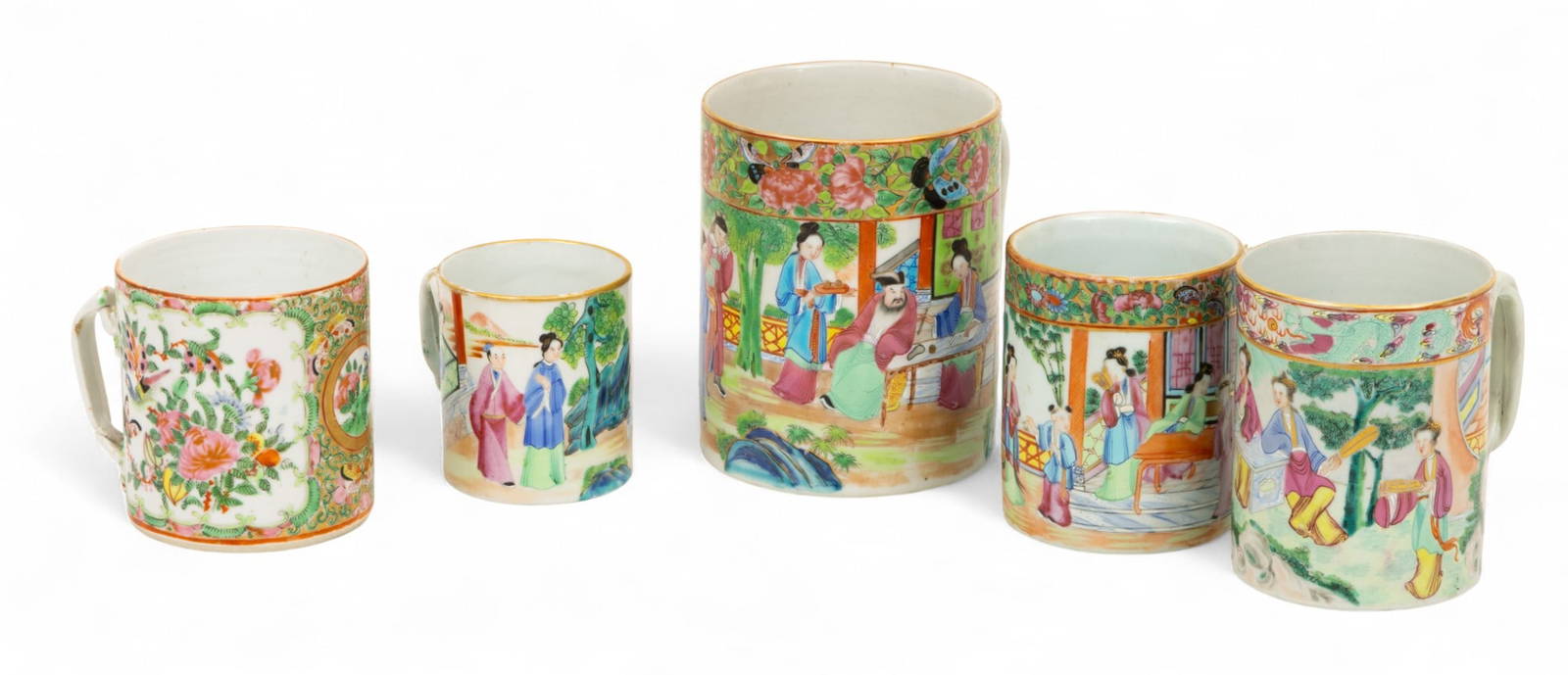 Cantonese Famille Rose Mandarin Porcelain Mugs, 19th C., H 3\" to 5.25\" 5 PCS