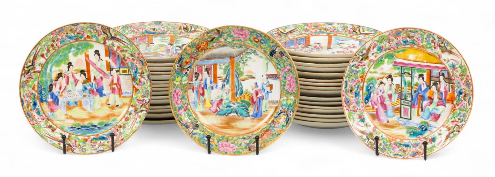 Cantonese Famille Rose Mandarin Porcelain Plates, 19th C., Dia. 8\" 27 PCS