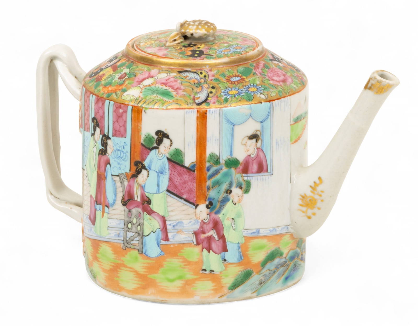Cantonese Famille Rose Mandarin Porcelain Teapot, 19th C., H 6\" W 5\" L 8.75\" 2 PCS