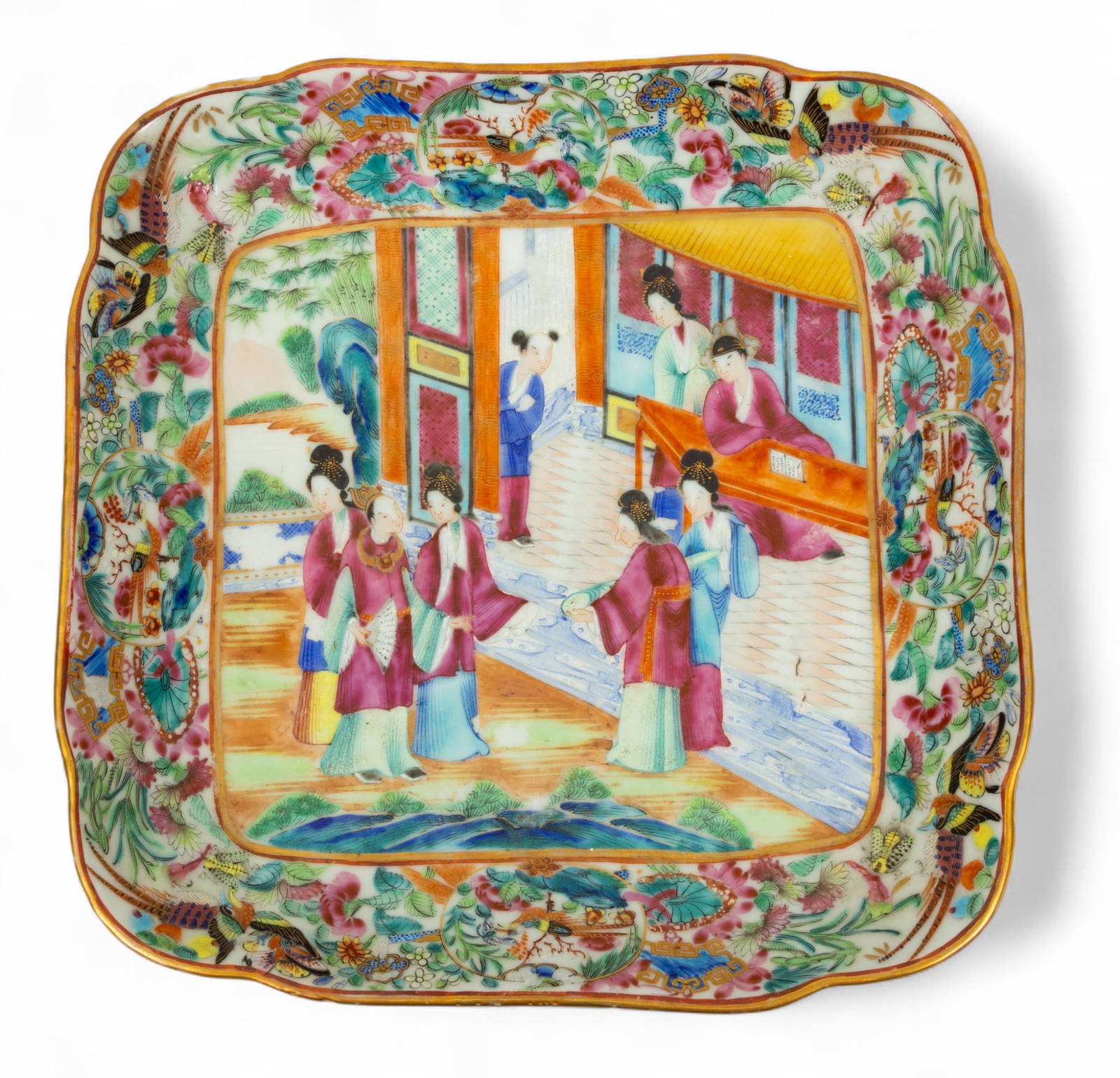 Cantonese Famille Rose Mandarin Porcelain Deep Well Serving Bowl 19th C., H 1.75\" W 9\" L 9\"