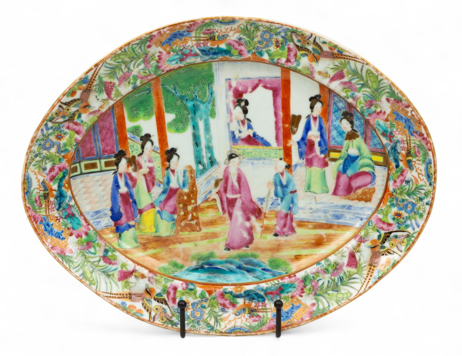 Cantonese Famille Rose Mandarin Porcelain Platter 19th C., H 1" W 10" L 12.5" (1 of 2)