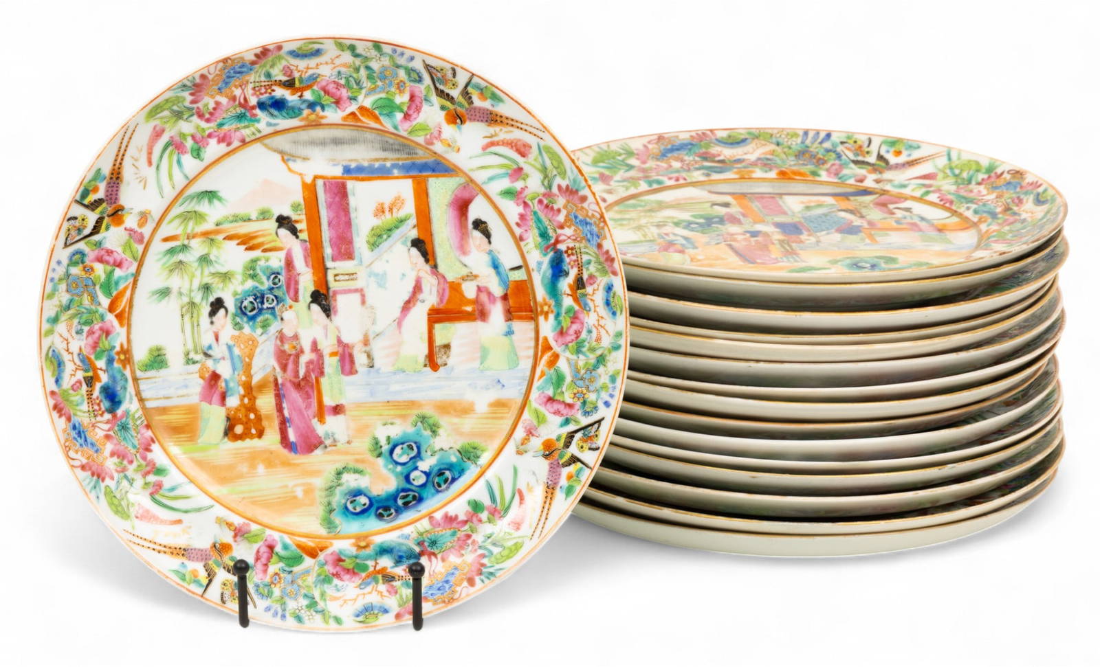 Cantonese Famille Rose Mandarin Porcelain Dinner Plates, 19th, Dia. 9.75\" 13 PCS
