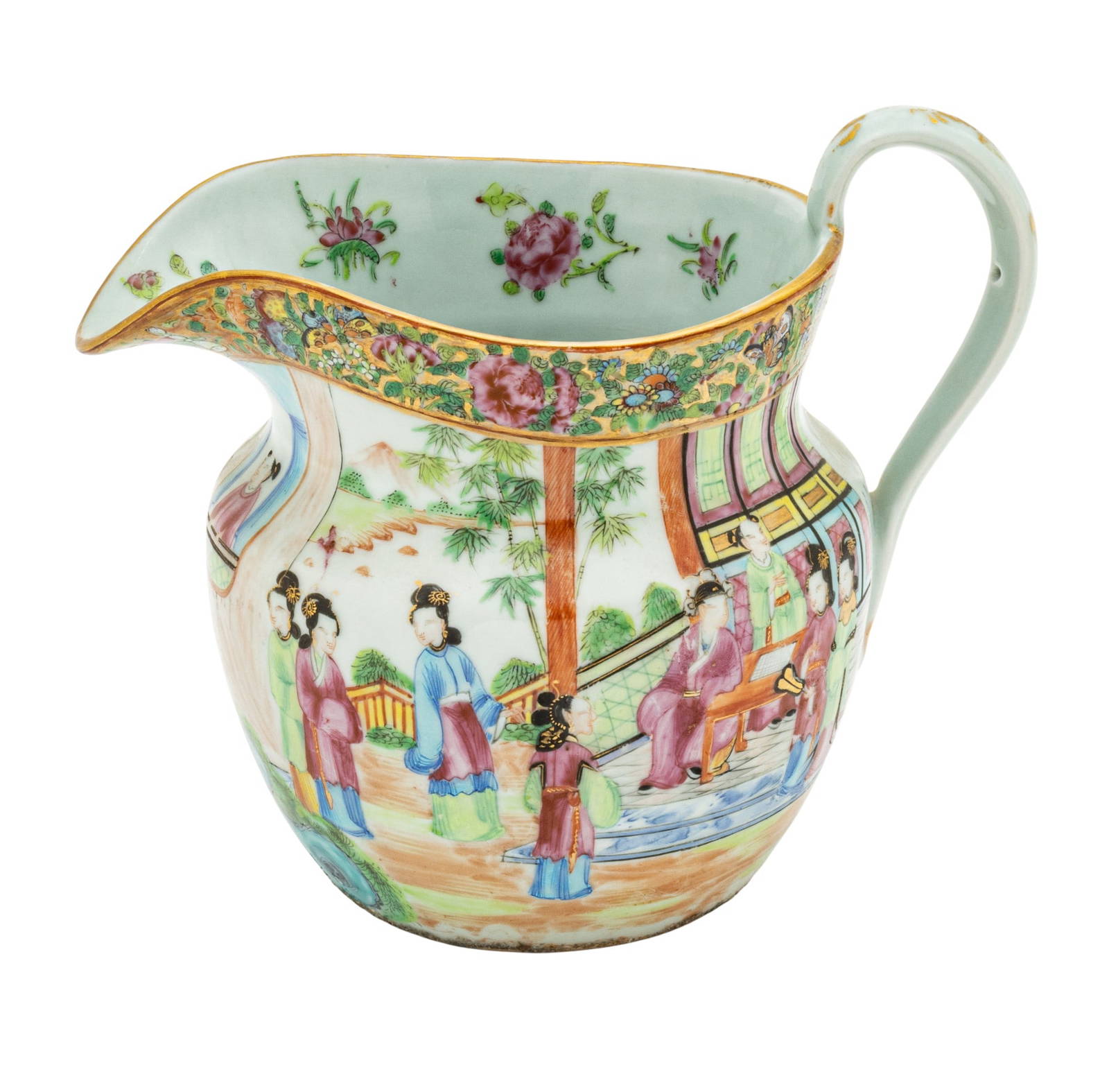 Cantonese Famille Rose Mandarin Porcelain Serving Pitcher Late 19th C., H 8.25\" W 7\" L 9.75\" 1 PC
