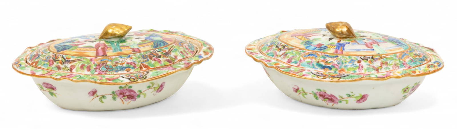 Cantonese Famille Rose Mandarine Porcelain Covered Serving Dishes, 19th C., H 4\" W 7.5\" L 10\" 4 PCS