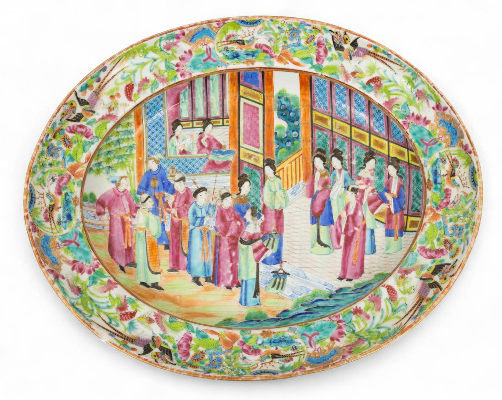 Cantonese Famille Rose Mandarin Porcelain Deep Well Oval Platter 19th C., H 2\" W 11.75\" L 14.25\"