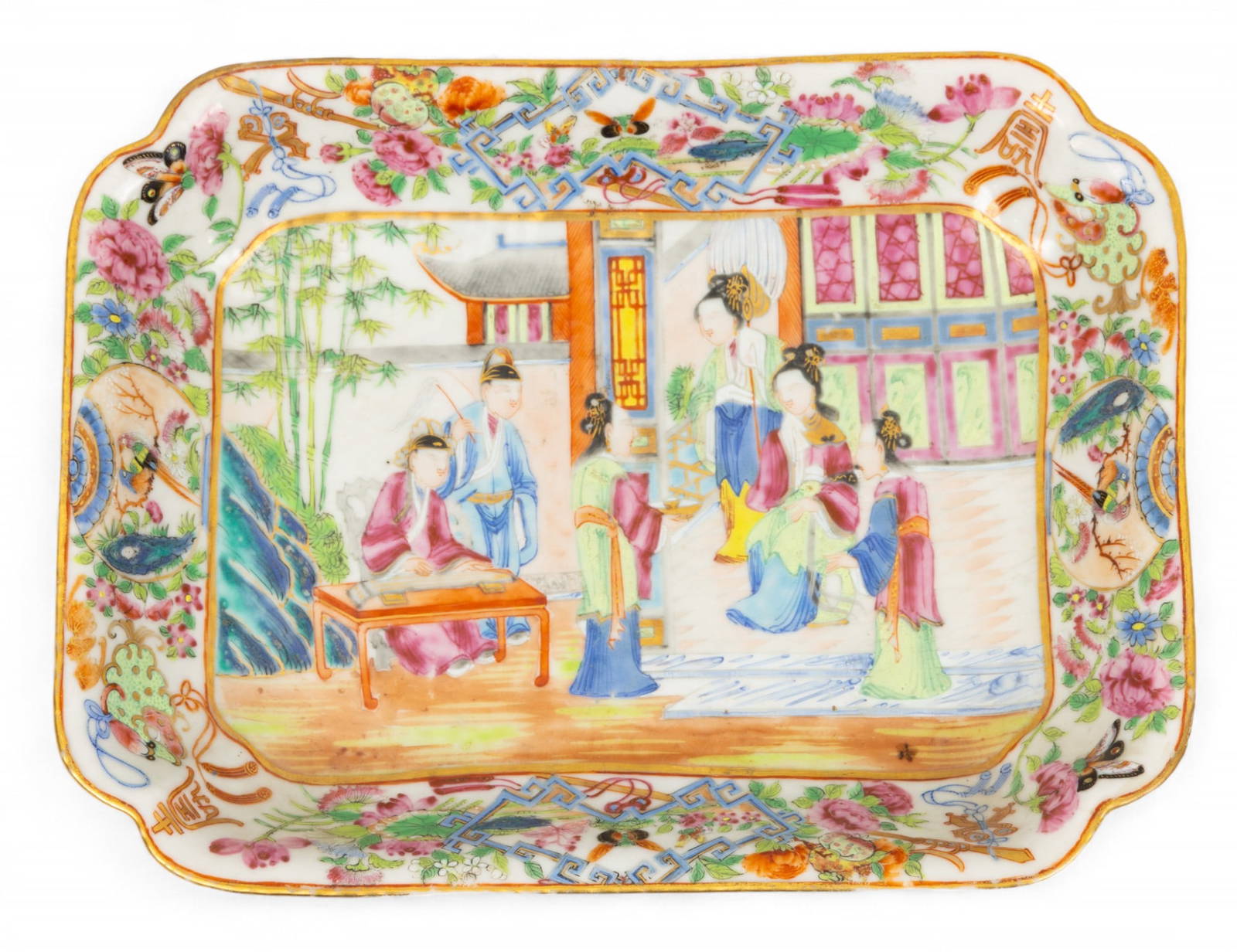 Cantonese Famille Rose Mandarin Porcelain Dish, 19th C., H 2\" W 7\" L 9\"