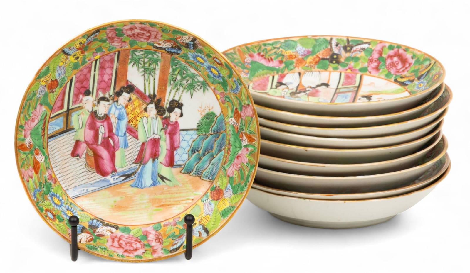 Cantonese Famille Rose Mandarin Porcelain Shallow Bowls, 19th C., H 1.25\" Dia. 6.125\" 9 PCS