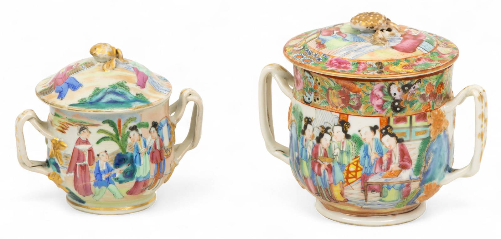 Cantonese Famille Rose Mandarin Porcelain Double Handled Covered Sugars, 19th C., H 4\" And 4.75\" 2
